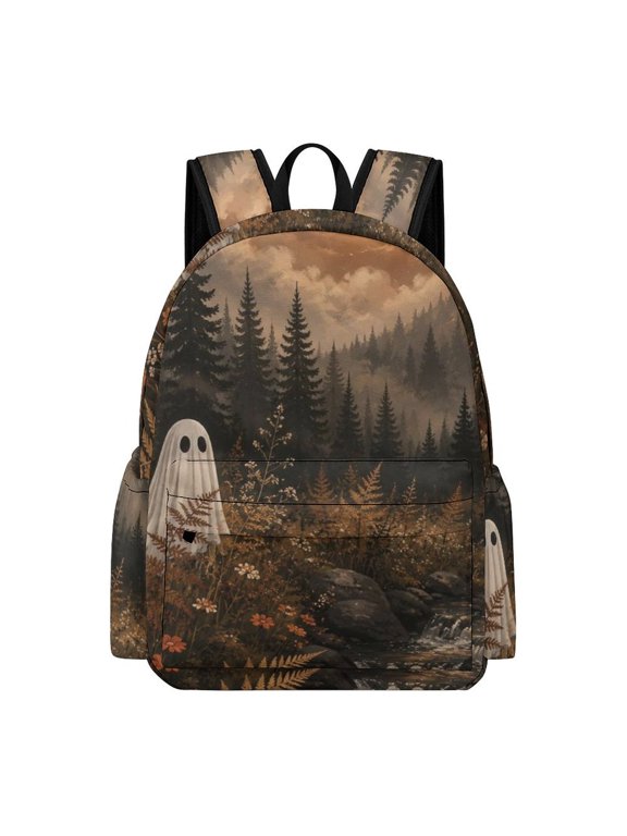 Ghost Beside Forest Stream Fern Wildflower Crescent Moon Printed Oxford Backpack, Large Capacity Laptop Backpack, Water Resistant, Travel Daypack for College Work Commuting Adults, 42x30x1
