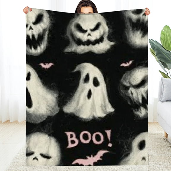 Creowell Ghost Faces Horror Flannel Blanket, Warm Reversible Couch Blanket 50*60in
