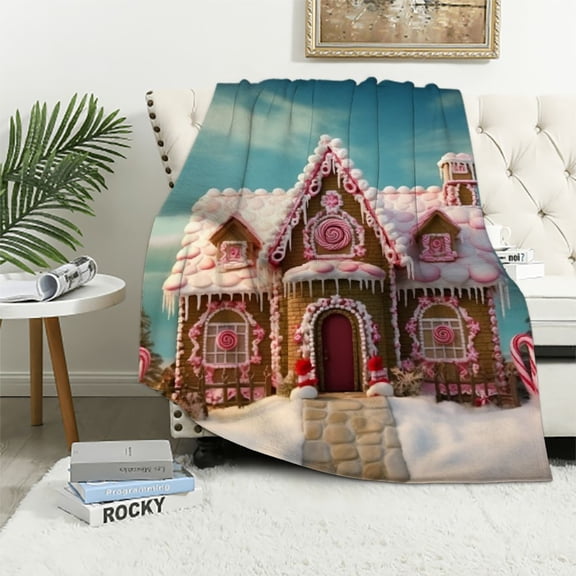 Creowell Gingerbread House Candy Canes Sky Throw Blanket for Couch Sofa Bed All Seasons, Super Soft Flannel Blanket 60x80in