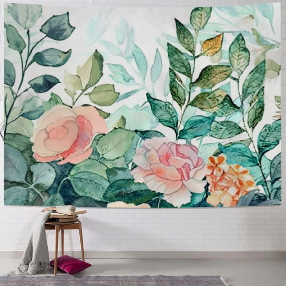 Creowell Girls Floral Tapestry Wall Hanging Aqua Botanical Leaves Tapestry Kids Boys Women Watercolor Pink Green Branches Decor Wall Tapestry Garden Printed Wall Art Bedroom Living Room 40x60inch