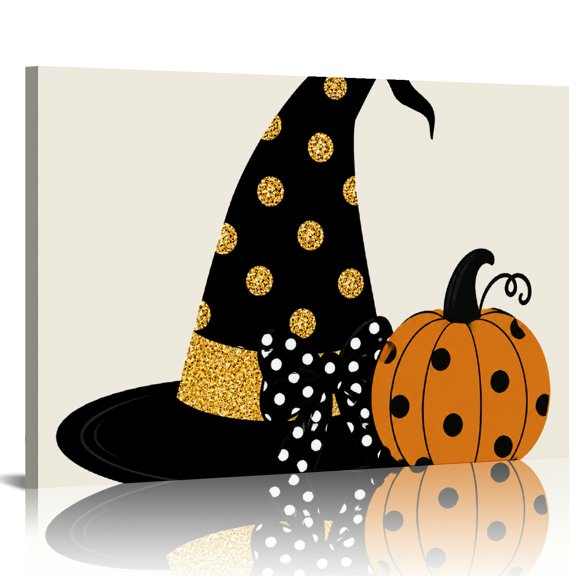 Creowell Glitter Witch Hat Polka Dot Pumpkin Wall Art,  Ready An Excellent Gift Choice,  HD Print Framed Canvas Wall Art Suitable For Living Room Bedroom Kitchen Classroom Studio Family