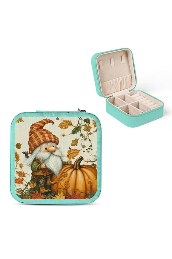 Gnome Bird Pumpkin Jewelry Storage Box for Halloween Necklace, Ring, Earring - Compact Size, Multiple Compartments, Zipper Closure Green