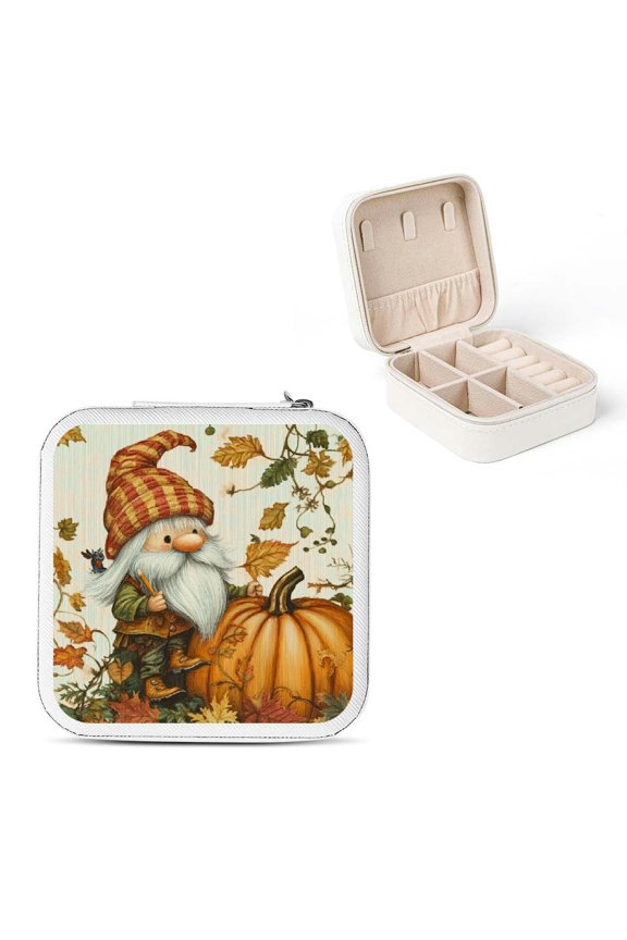 Gnome Bird Pumpkin Jewelry Storage Box for Halloween Necklace, Ring, Earring - Compact Size, Multiple Compartments, Zipper Closure White