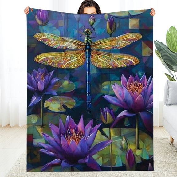 Creowell Gold Dragonfly Throw Blanket Baby Boho Floral Lotus Blanket for Kids Teens Women,Magical Dragonflies Fuzzy Blankets 50*60in