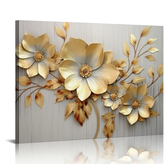 Creowell Gold Metallic Flowers Print Wall Art Elegant Floral Flower Canvas on Grey Background Painting Picture Artwork for Living Room Bedroom Decor (Gold Metallic Flowers, 20x16 in/16x12 in)