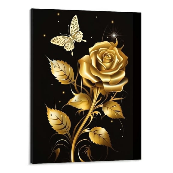 Creowell Gold Rose Wall Art, Black And Gold Rose Canvas Wall Art, Romantic Floral Pictures With Sparkling Flowers,Butterfly On Rose Painting Picture, Living Room Bedroom Decoration 16x20 Inch
