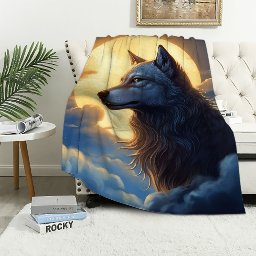 Creowell Golden Moon Wolf Blanket for Bed,Crescent Moon Throw Blanket for Women, Men and Kids