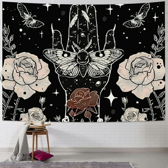 Creowell Gothic Witchy Tapestry Witchcraft Mystical Moth Tapestry Moon Magic Witch Hands Tapestry Black and White Tapestry Trippy Mandala Hippie Wall Hanging for Living Room Painting
