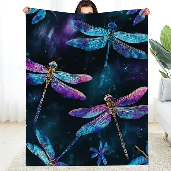 Creowell Gradient Dragonfly Blanket Baby Gradient Aesthetic Animal Throw Blanket for Girl Lady Women,Boho Dragonflies Bed Blankets,Glitter Starry Sky Stars Fuzzy Blankets 40*50in