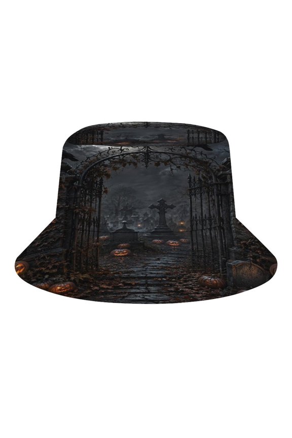 Graveyard Iron Gate Crow Pumpkin Lantern Full Moon Halloween Scene Bucket Hat, Soft, Printed, Packable Fisherman Sun Hat for Beach Travel Hiking Vacation, Sun Hat for Women Men, One Size