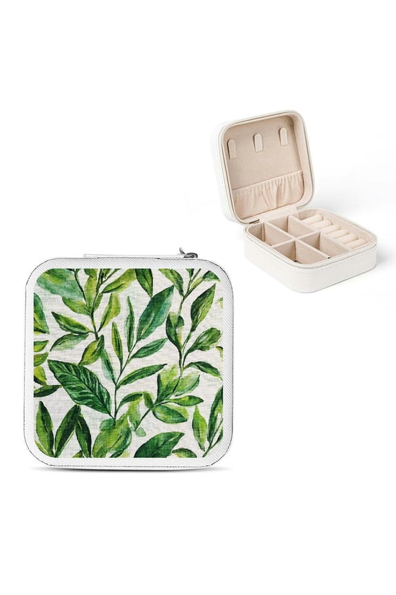 Green Leaves Jewelry Storage Box for Women Necklace Ring Earring White