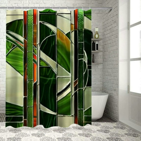 Creowell Green Shower Curtain, Mid Century Modern Boho Style Geometric Rounds and Lime Tone Lines Abstract Art, Cloth Fabric Bathroom Decor Set with Hooks, Eggshell Khaki White