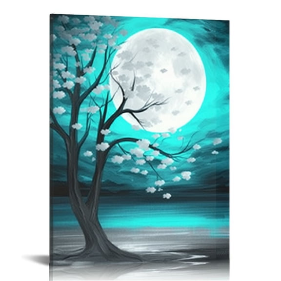Creowell Grey and Teal Floral Canvas Prints Framed Plum Blossom Tree Oil Painting Printed on Canvas Gallery Wrapped Full Moon Flower Pictures Living Room Paintings 16x20 in/12x16 in