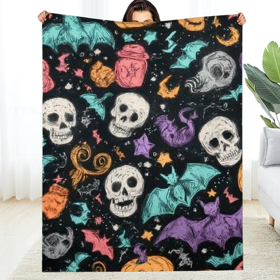 Creowell Halloween Bats Skulls Flannel Blanket, Soft Warm All-Season 30*40in