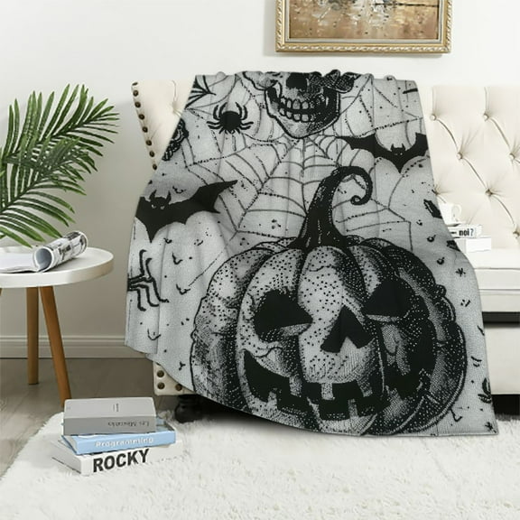 Creowell  Halloween Blanket, Lightweight Halloween Themed Throw Blanket, Ghost Spider Pumpkin Blanket, Spooky Halloween Blanket Gothic Tthrow Blanket for Couch Sofa Home Decorations White