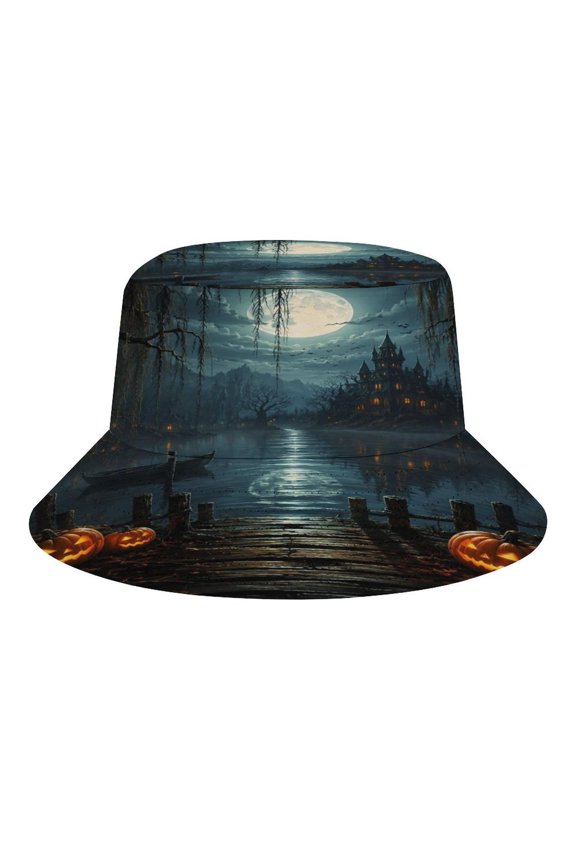 Halloween Lake Dock Pumpkin Haunted Castle Moon Bucket Hat, Soft, Printed, Packable Fisherman Sun Hat for Beach Travel Hiking Vacation, Sun Hat for Women Men, One Size