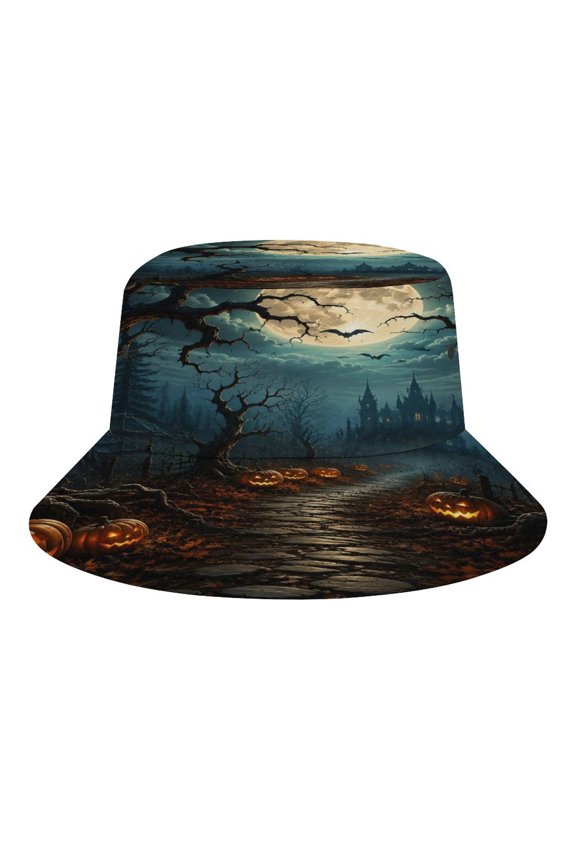 Halloween Path Pumpkin Haunted Castle Moon Bucket Hat, Soft, Printed, Packable Fisherman Sun Hat for Beach Travel Hiking Vacation, Sun Hat for Women Men, One Size