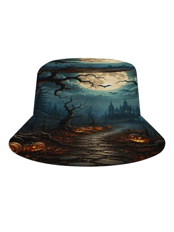 Halloween Path Pumpkin Haunted Castle Moon Bucket Hat, Soft, Printed, Packable Fisherman Sun Hat for Beach Travel Hiking Vacation, Sun Hat for Women Men, One Size