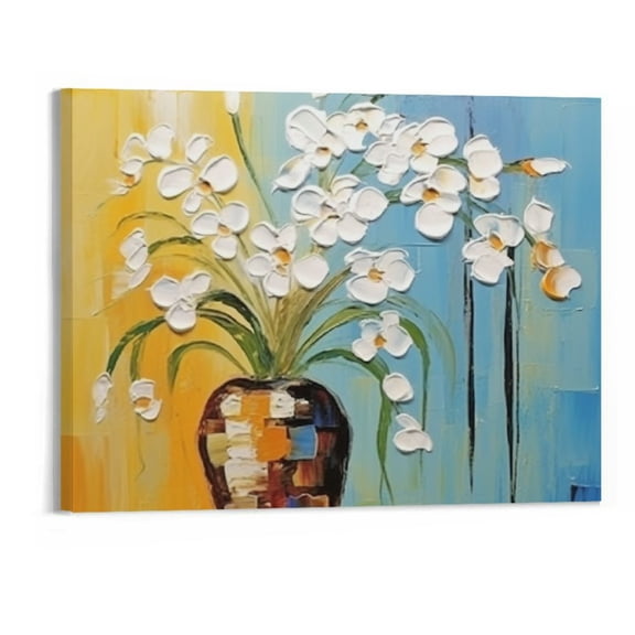 Creowell Hand-painted Abstract White Flowers Canvas Wall Art Picture 20x16in for Home Office Decor 20x16in