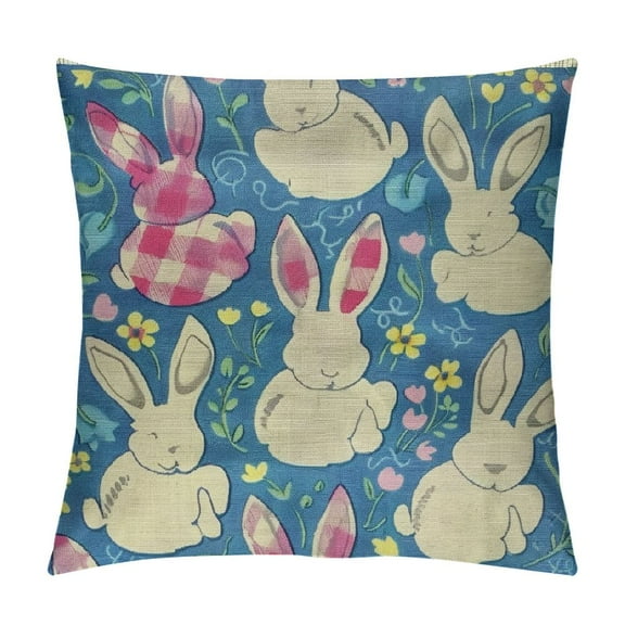 Creowell Happy Easter Bunny Decorative Throw Pillow Covers , Hello Peeps Rabbit Eggs Porch Patio Outdoor Pillowcase, Colorful Stripes Plaid Farmhouse Cushion Case Home Decor，Multi-Size