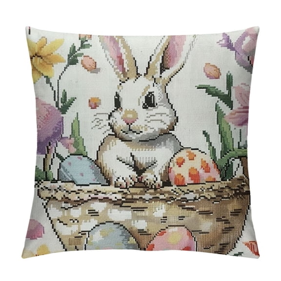 Creowell  Happy Easter Egg Bunny Throw Pillow Cover, Easter Spring Flowers Cushion Case Decoration for Sofa Couch，Multi-Size