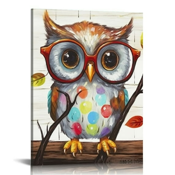Creowell Happy Owl Family Canvas Prints Animal Painting Wall Decor Dad Mom and Kids Canvas Prints Wall Art Decor for Modern Home Child Bedroom Nursery Decoration (16x20 in/12x16 in)