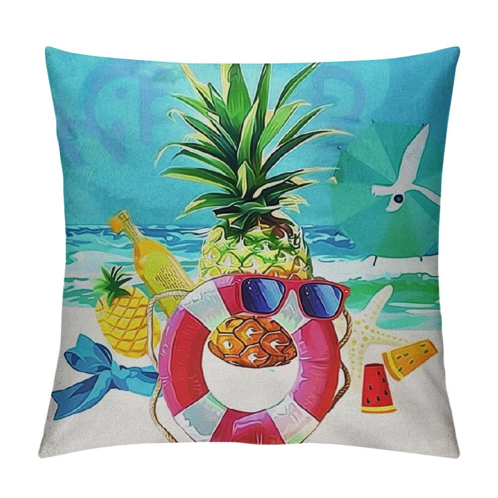 Creowell Hawaii Beach Square Pillow Cover Tropical Pineapple Coconut Fruits Throw Pillow Cover