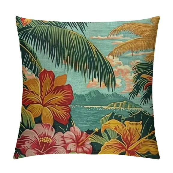 Creowell Hawaiian Pillow Case Aloha Vintage Colorful Swirl Dolphins Palm Trees Flowers Throw Pillow Cover Decorative Square Cushion Canvas for Women Men Sofa Bed White