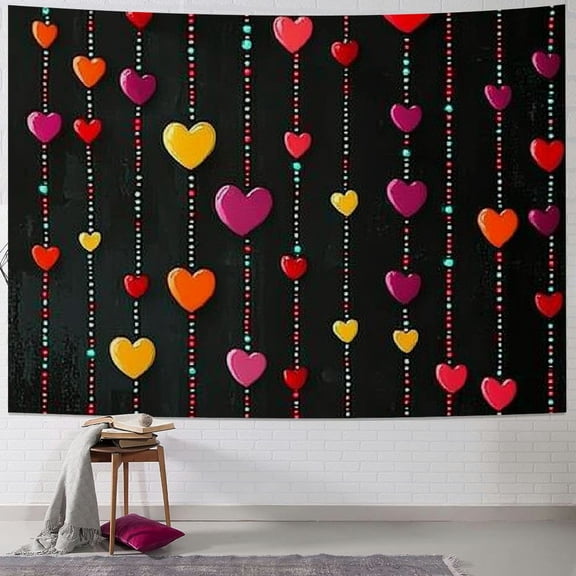 Creowell Hearts Beads Dark Background Valentine's Day Tapestry Wall Hanging for Living Room Home Decor - Various Sizes Available 40x30inch