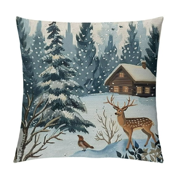 Creowell Hello Winter Wonderland Reindeer Fox Decorative Throw Pillow Covers , Forest Owl Animal Snow Outdoor Porch Patio Home Decor, Blue Watercolor Tree Mountain Sofa Cushion Case