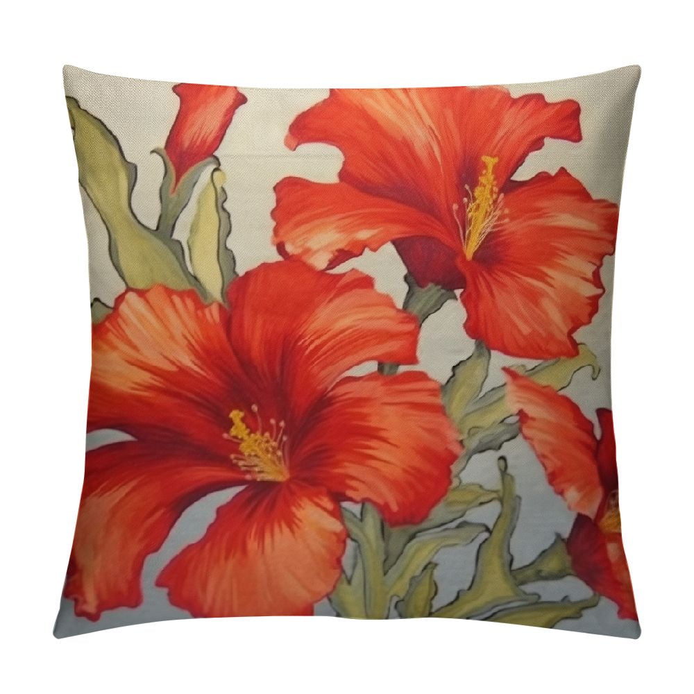 Creowell Hibiscus Throw Pillow Cover Flower Tropical Plants Watercolor
