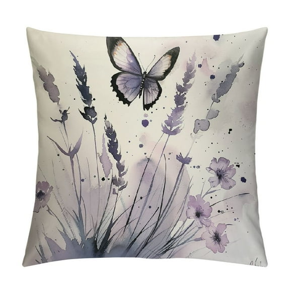 Creowell High-Quality Short Plush Pillow Covers Butterfly with Purple Flower Throw Pillows White