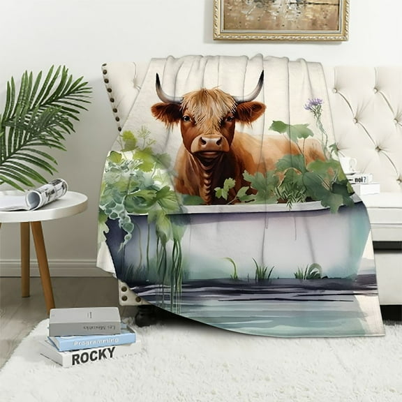 Creowell Highland Cow Longhorn Cow Farmhouse Botanical Animals Print Throw Blanket for Bed Couch Car Lightweight Soft Plush Blanket All Seasons 40x50in