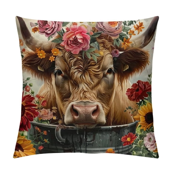 Creowell Highland Cow Pillow Covers- Highland Cow Gifts for Women Men, Valentines Cow Pillow Covers, Summer Flower Highland Cow Decor 22x22in
