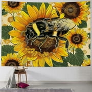 Creowell Hippie Bee Tapestry, , Sunflower Watercolor Art Tapestries Wall Hanging for Children Bedroom Living Room Decor Party Banner Painting