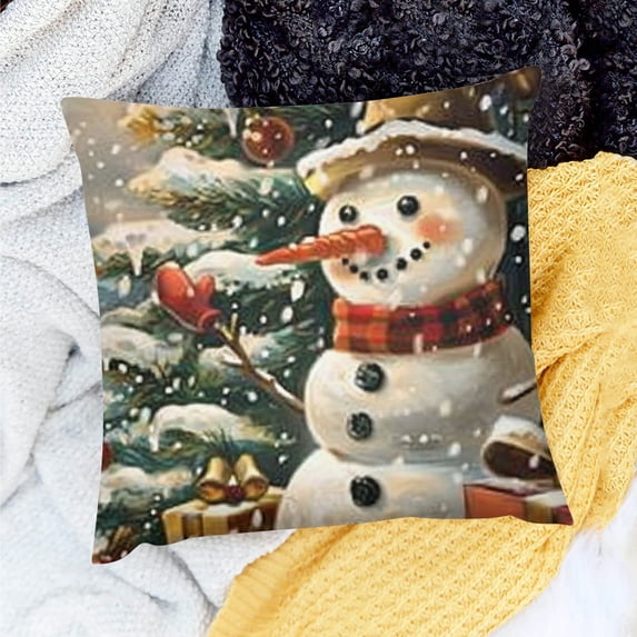 Creowell Holiday Pillow Case Snowman Christmas Tree Presents Linen 20x20in