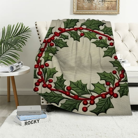 Creowell Holly Leaves Christmas Wreath Print Throw Blanket Lightweight Soft Blanket for All Seasons 3 Sizes Available 50x60in