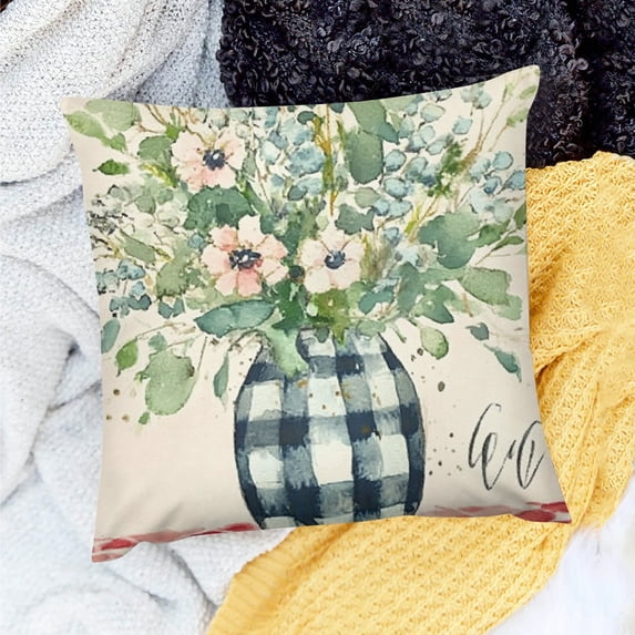 Creowell Home Decor Throw Pillow Cover Vase Flowers Watercolor 100% Linen 18x18in