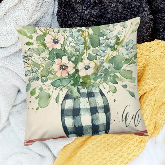Creowell Home Decor Throw Pillow Cover Vase Flowers Watercolor 100% Linen 20x20in