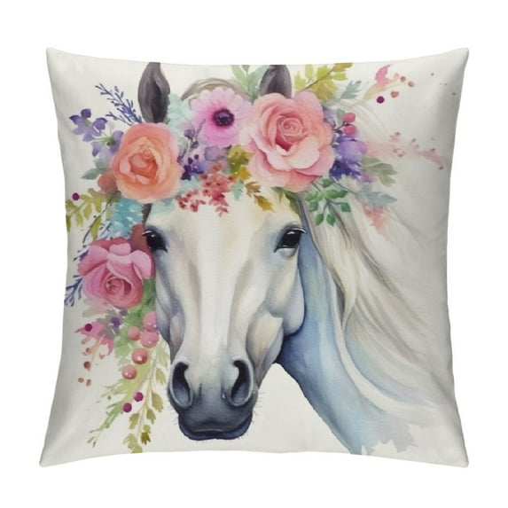 Creowell Horse Flower Crown Pillow Cases with Zipper Home Decor for Living Room Bedroom Bed Cushion Outdoor Square Aesthetic Decorative 1PC 24x24in