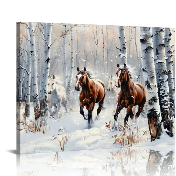 Creowell Horses Snowy Forest Birch Trees Canvas Print Wall Art 16x12in