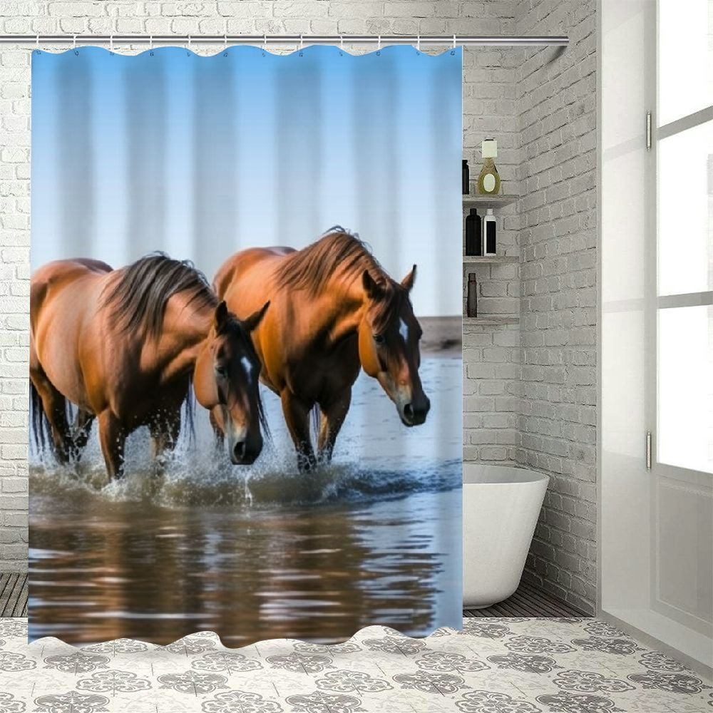 Creowell Horses Water Grass Pretty Shower Curtain Bathroom Decor Home