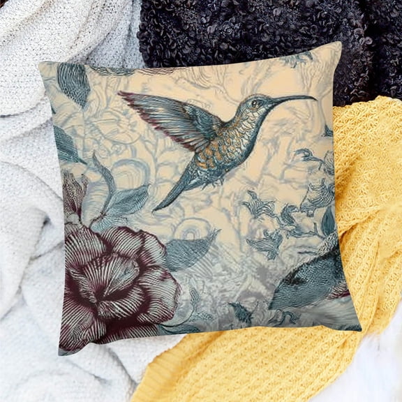 Creowell Hummingbird Pillow Cushion Cover Birds and Hibiscus Flowers Nostalgia Antique Design Classical Print, Decorative Square Accent Pillow Case 18x18in