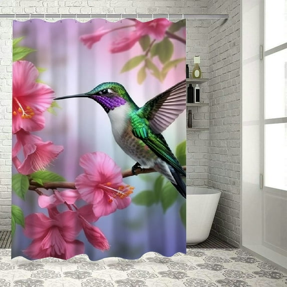 Creowell Hummingbird Purple Flower Tree Branch Modern Waterproof Shower Curtain for Country Cottage & Farmhouse Bathroom Decor 100% Polyester Home Bathroom Curtain Decoration with Hooks 60x72