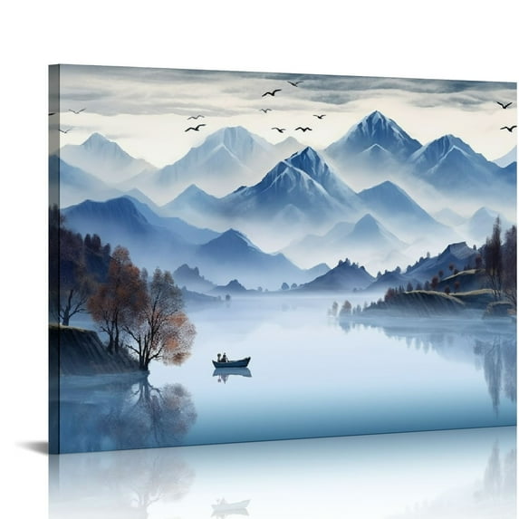 Creowell Indigo Mountain Lake Wall Art Foggy Forest Canvas Pictures Landscape for Living Room Bedroom Wall Decor Blossom Trees Lake Boat Birds Canvas Prints Home Office Decor Framed 20x16 in/16x12 in