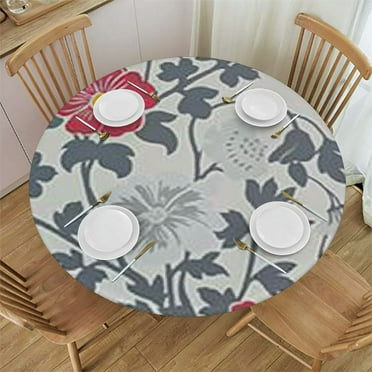 Creowell Indoor Outdoor Patio Round Fitted Tablecloth, Backing, Elastic Edge, Waterproof Wipeable Plastic Cover, Floral White Pattern 31-35