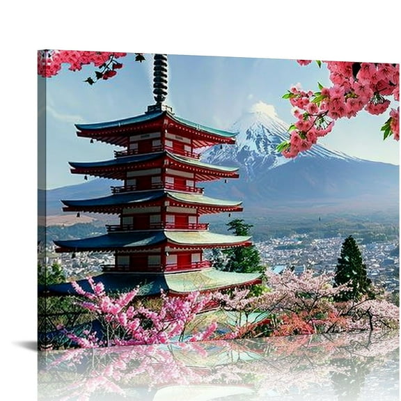 Creowell Japanese Cherry Blossom Wall Art - Asian Nature Landscape Romantic Canvas Prints Japanese Mount Fuji Posters Spring Scenery Pictures Modern Artwork for Living Room Home Decoration 20x16in