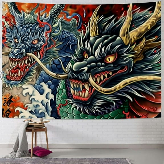 Creowell Japanese Dragon Tapestry Oni Mask Wall Hanging Aesthetic Anime Tapestry Art for Men Bedroom Living Room Flannel Fabric Decor 40x30inch