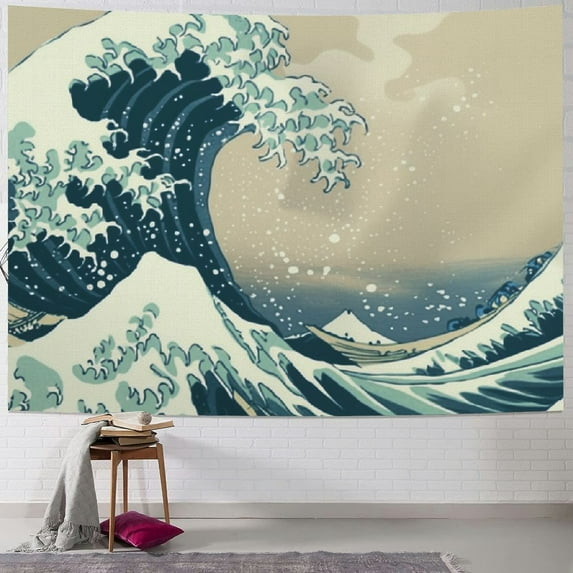 Creowell Japanese Ocean Wave Tapestry Wall Hanging, Asian Anime Mount Fuji Century Wall Tapestries Aesthetic Room Wall Art Decor for Bedroom Living Room Office, Blue White Posters 40x30inch