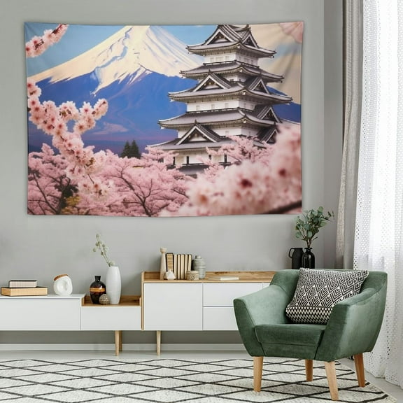 Creowell Japanese Spring Scene Wall Tapestry, Full Cherry Blossom with Fuji Wall Hanging Large Tapestry Decoration Fiber White Hem Around for Dorm Room Bedroom 60x40 Inch 60x40in
